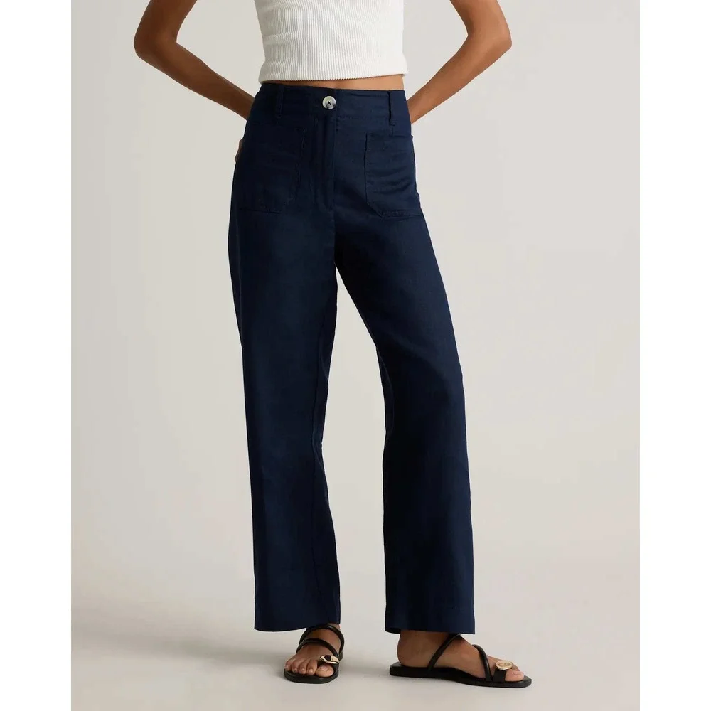 Quince European Linen Wide Leg Patch Pocket Pants Deep Navy Size 8 NWT